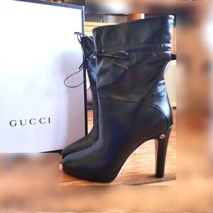 Gucci Black Leather Drawstring Stiletto‎ Mid-Calf Boots 626719 Size 10/10.5 US